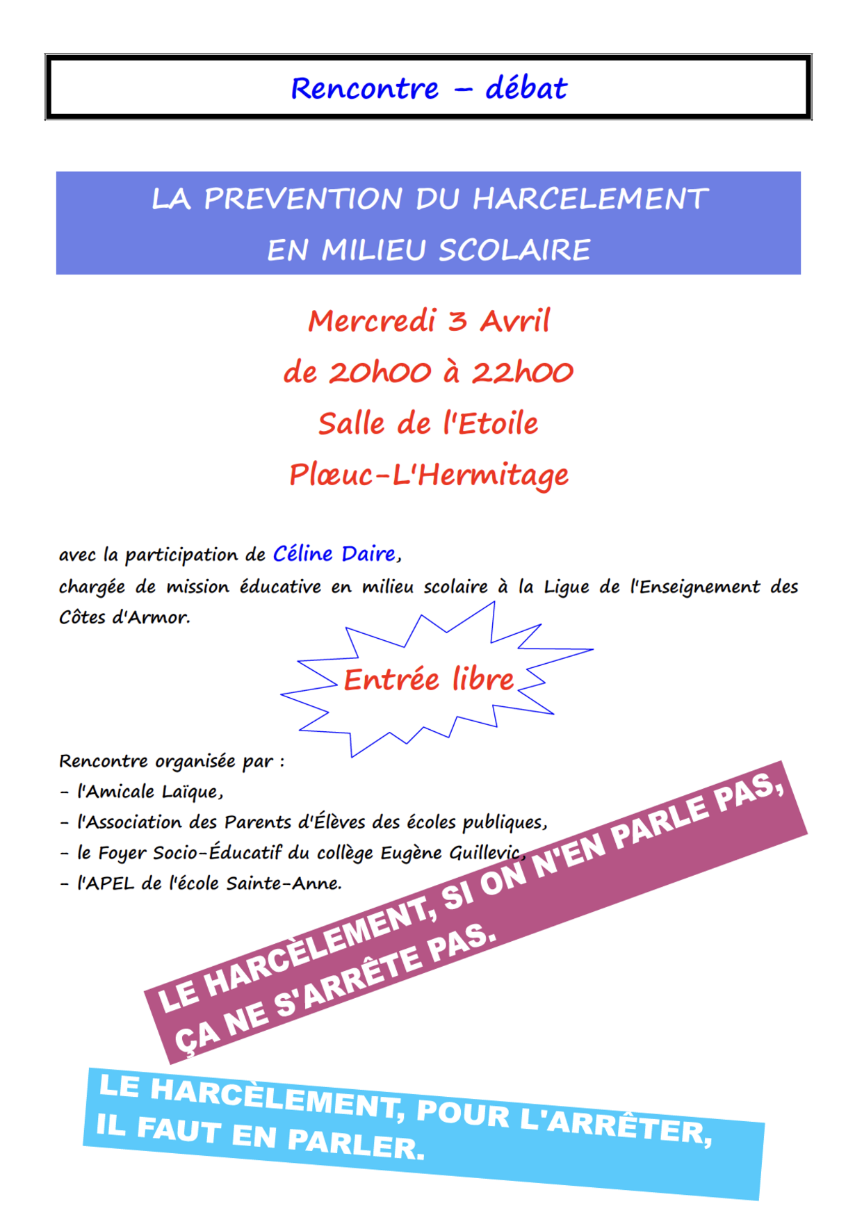 rencontre-debat contre le harcelement scolaire rencontre-debat contre le harcelement scolaire